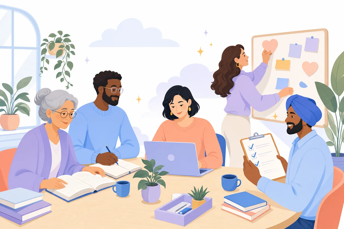 The Anxiety Checklist editorial team at work around a table: reading research, taking notes, writing on a laptop and reviewing a checklist