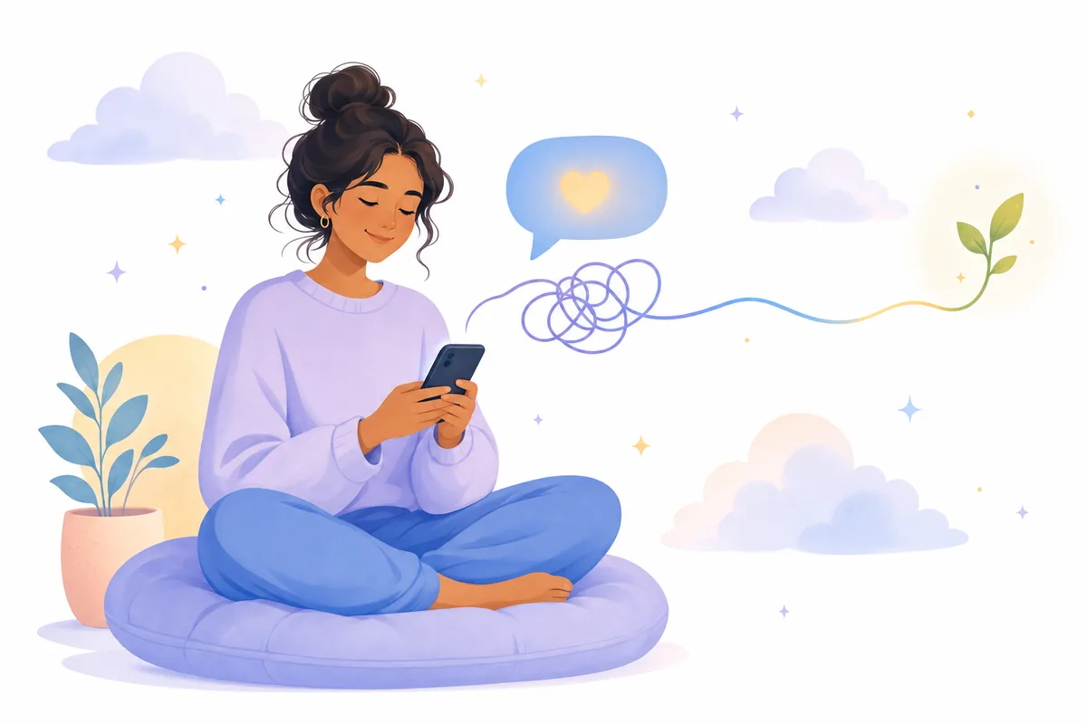 A calm person chatting on their phone while a tangled thought unwinds into a smooth line.