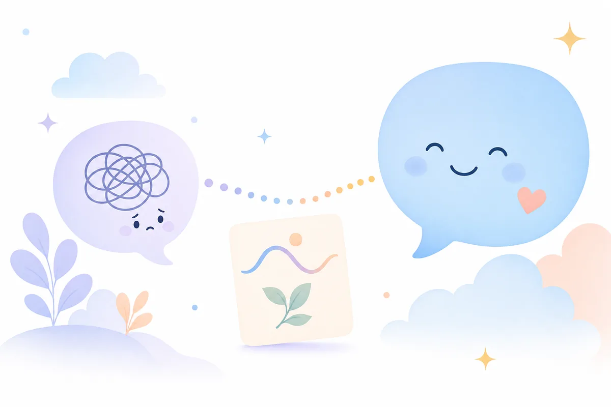 A tangled thought bubble unwinding into a calm chat bubble