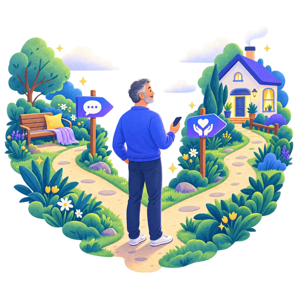 A man with his phone stands where a garden path splits: one sign shows a chat bubble, the other points to a house with caring hands.