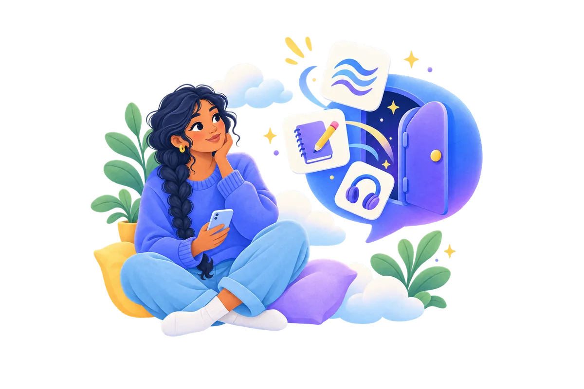 A woman with her phone looks up at a chat bubble that opens like a door onto a journal, a breathing exercise and an audio session.