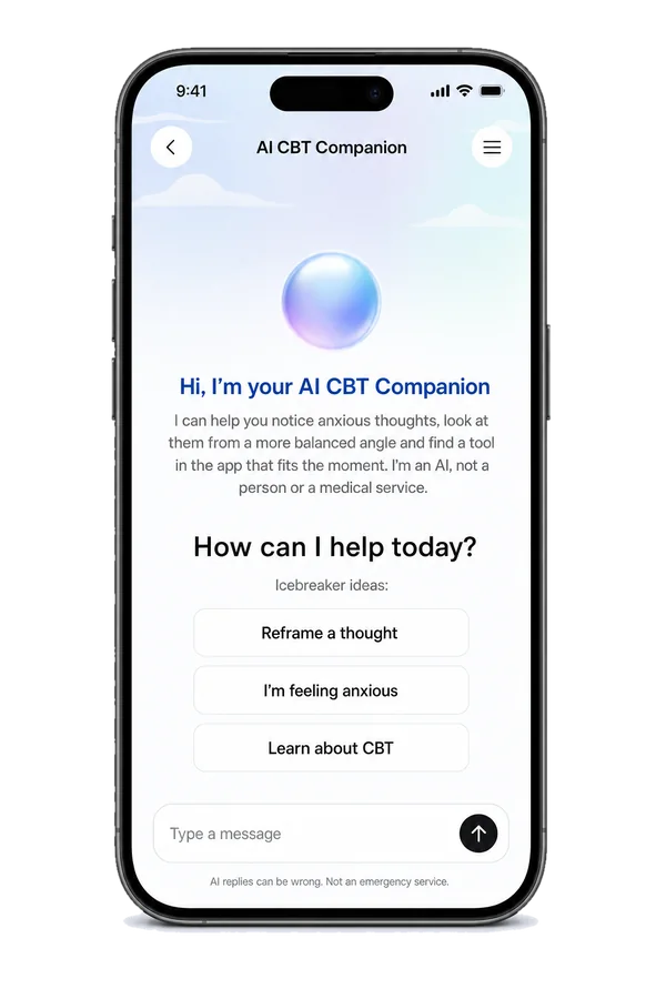 The AI CBT Companion chat: Hi, I’m your AI CBT Companion. How can I help today?