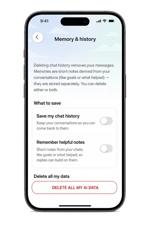 The Memory & history screen: Save my chat history and Remember helpful notes, both switched off, and a DELETE ALL MY AI DATA button.