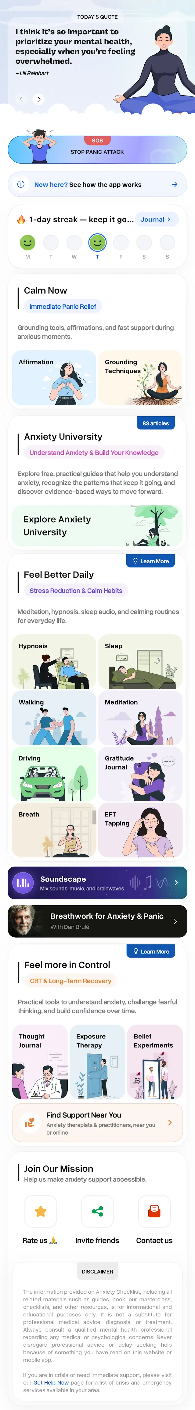 A tour of the Anxiety Checklist app home screen