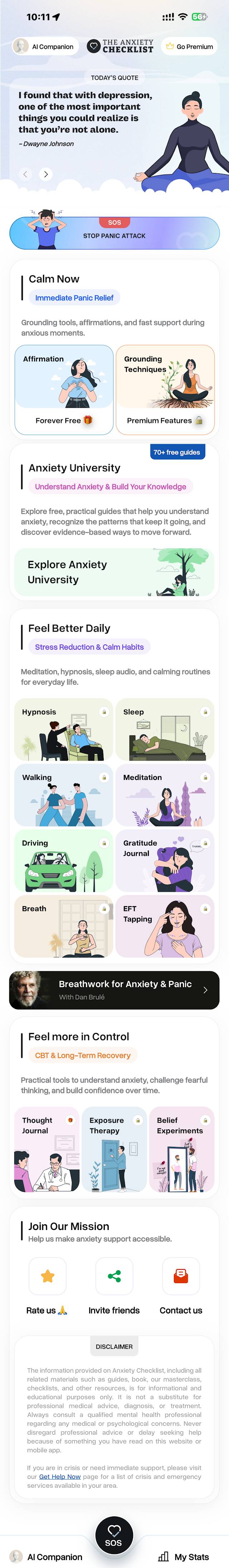A tour of the Anxiety Checklist app home screen