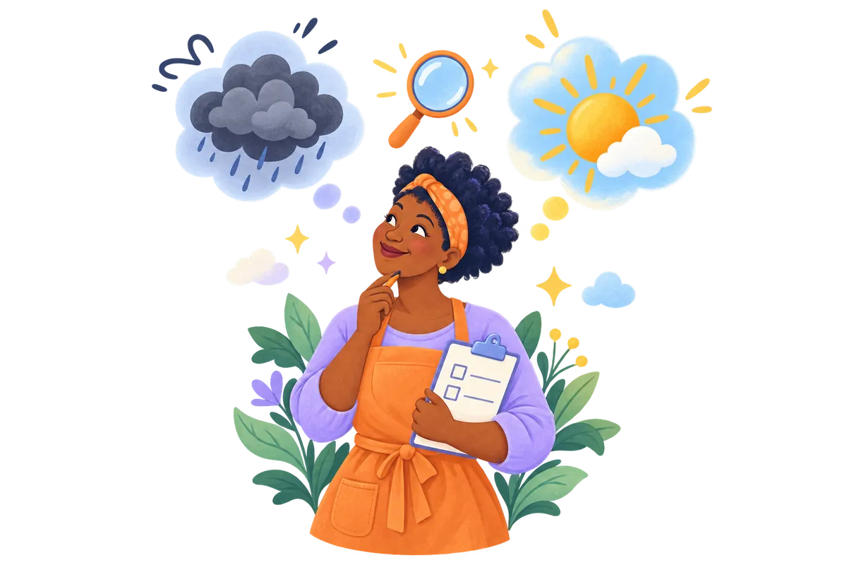 A woman with a clipboard looking from a storm cloud to a sunny sky, testing an anxious prediction like a scientist.