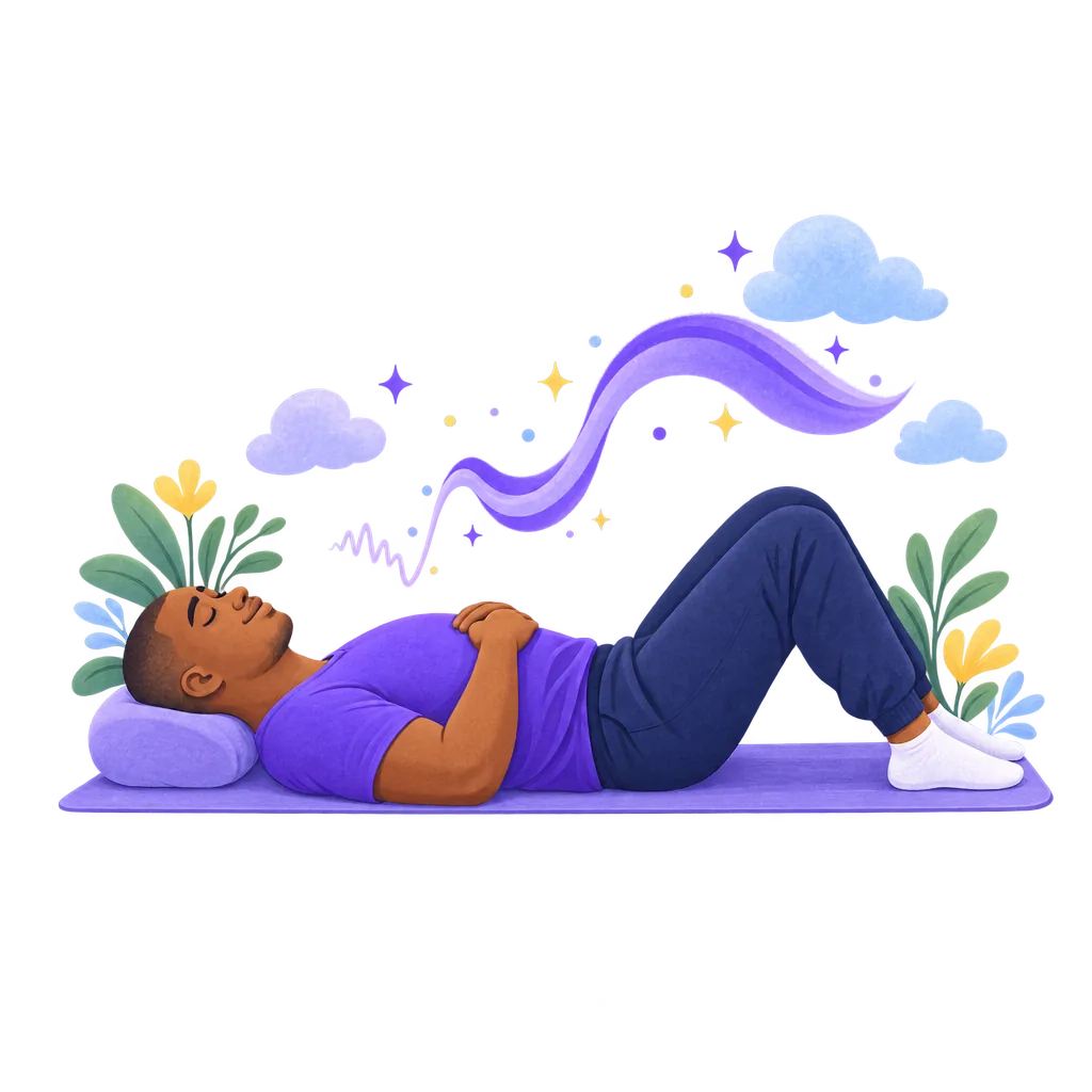 A man lying down as a jagged line becomes a slow, smooth breathing wave.