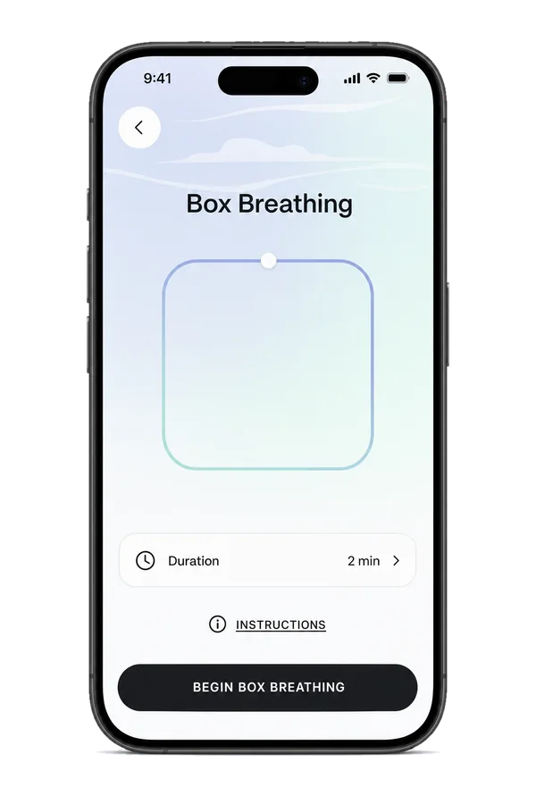 Box Breathing screen with a 2 minute duration, Instructions and a Begin Box Breathing button.