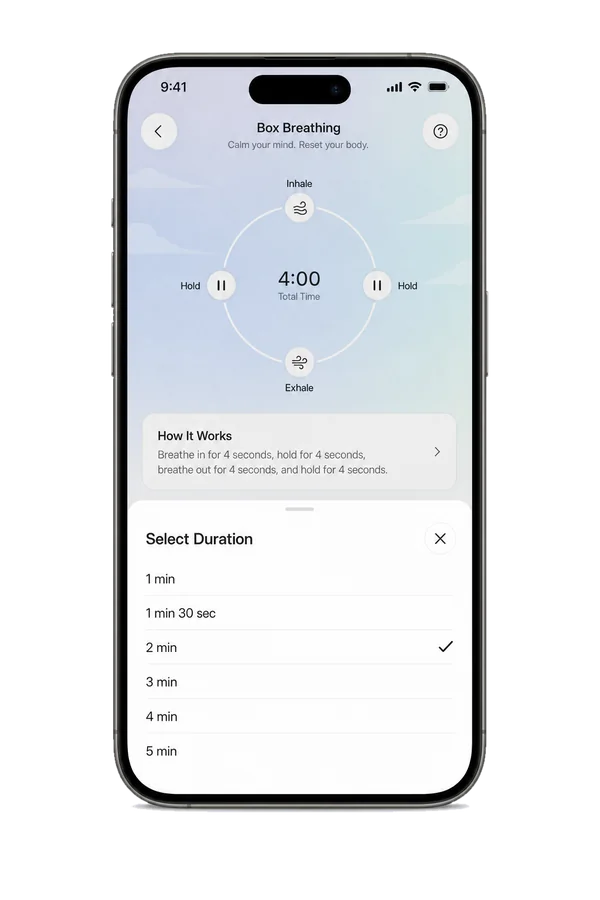 Select Duration: 1 min, 1 min 30 sec, 2 min, 3 min, 4 min or 5 min.