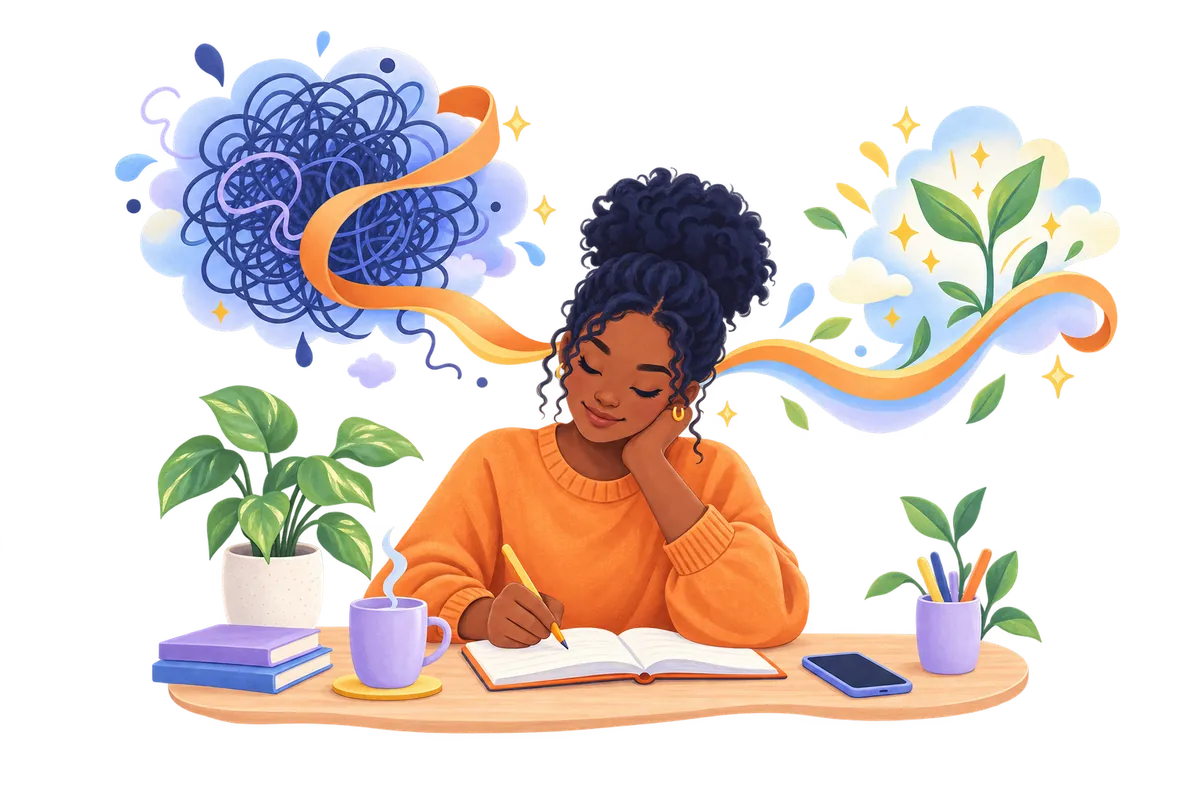 A woman writing in a journal while a tangled thought turns into a calm, growing plant.