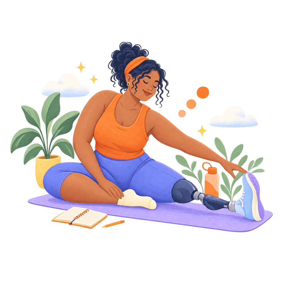 A woman stretching steadily on a mat, with her journal beside her: reframing thoughts gets easier with practice.
