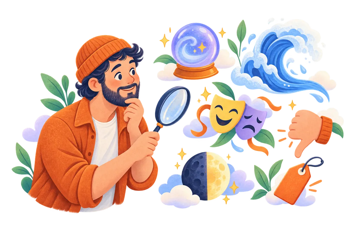 A man with a magnifying glass looking at symbols of common thinking traps: a crystal ball, a big wave, theatre masks, a thumbs-down, a half moon and a label.