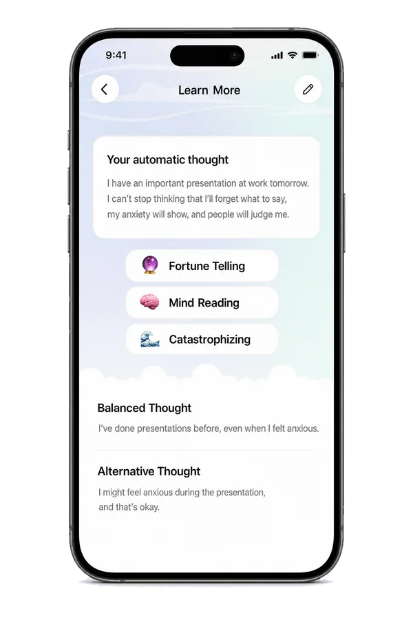 A saved entry: the automatic thought, Fortune Telling, Mind Reading and Catastrophizing chips, the Balanced Thought and the Alternative Thought.