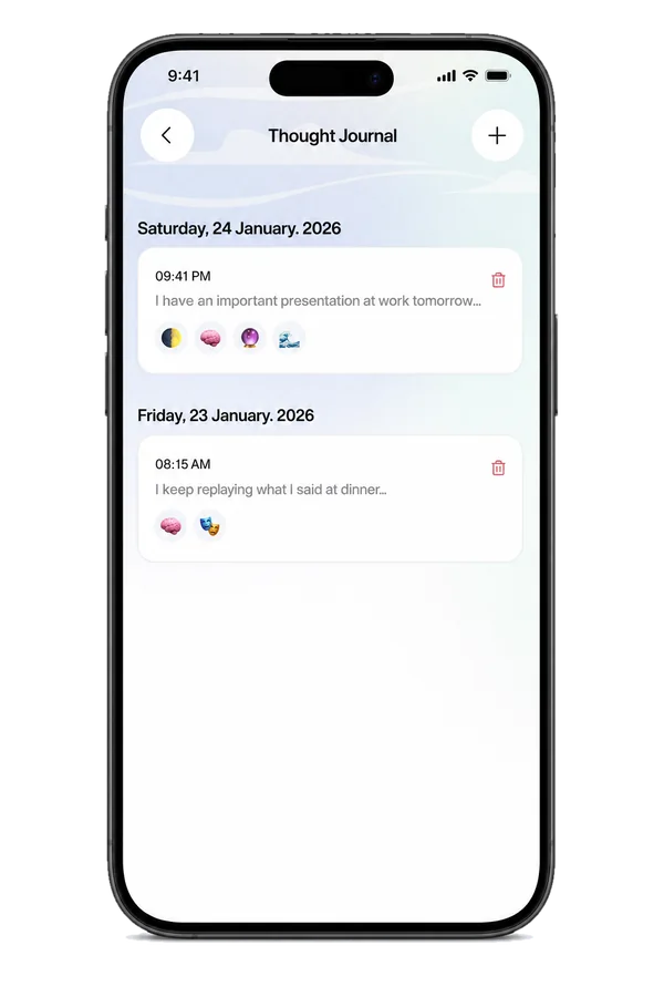 Thought Journal history: entries listed by date, each showing the start of the thought and its thinking-trap icons.