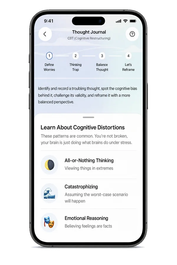 Learn About Cognitive Distortions: “These patterns are common. You’re not broken, your brain is just doing what brains do under stress.”, with All-or-Nothing Thinking, Catastrophizing and Emotional Reasoning.