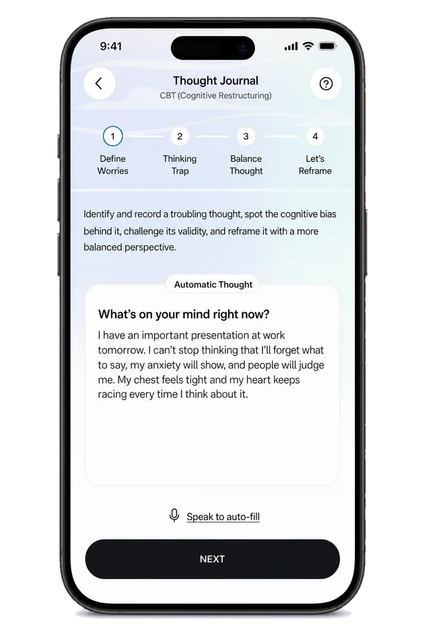 Thought Journal step 1, Define Worries: under “What’s on your mind right now?”, the automatic thought about tomorrow’s work presentation, with Speak to auto-fill and a NEXT button.