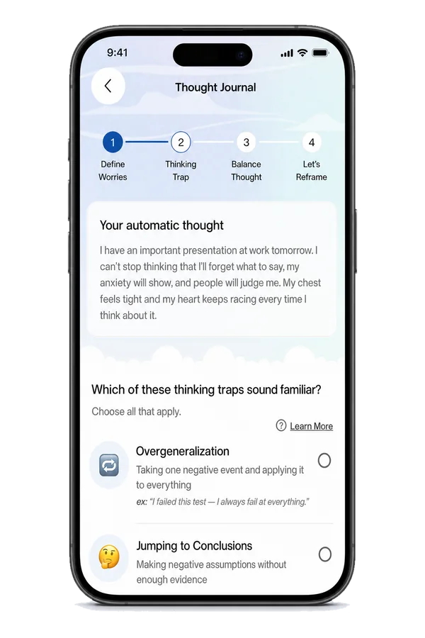 Thought Journal step 2, Thinking Trap: your automatic thought above “Which of these thinking traps sound familiar? Choose all that apply.”, with Overgeneralization and Jumping to Conclusions cards and a Learn More link.