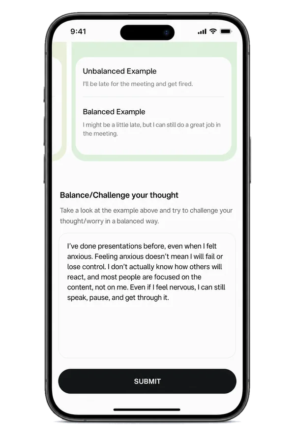 Writing a balanced thought under “Balance/Challenge your thought”: I’ve done presentations before, even when I felt anxious, and I can still speak, pause, and get through it.