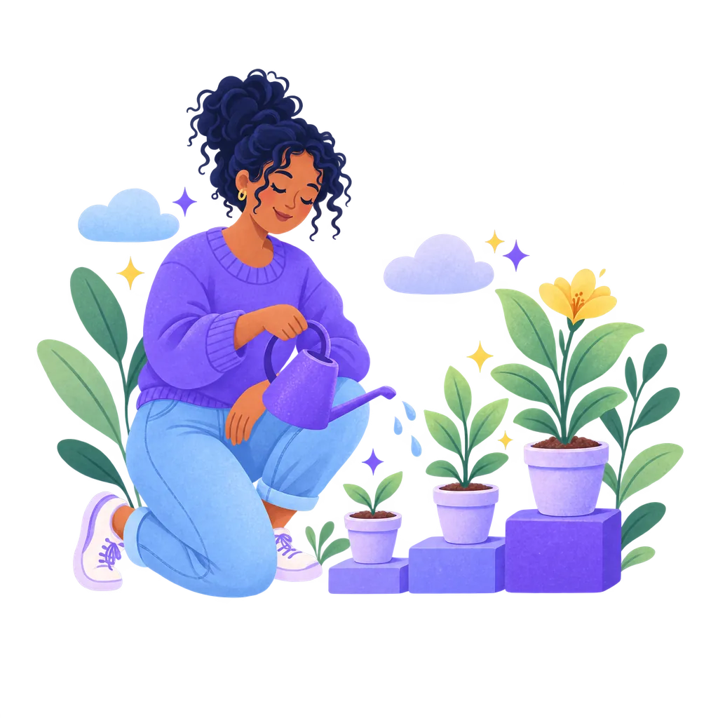 A woman watering three plants that grow a little taller on each step, like small daily habits.