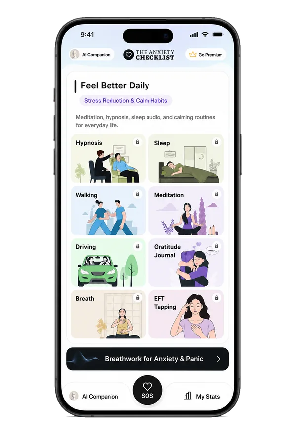 The Feel Better Daily section of the app: Hypnosis, Sleep, Walking, Meditation, Driving, Gratitude Journal, Breath and EFT Tapping.