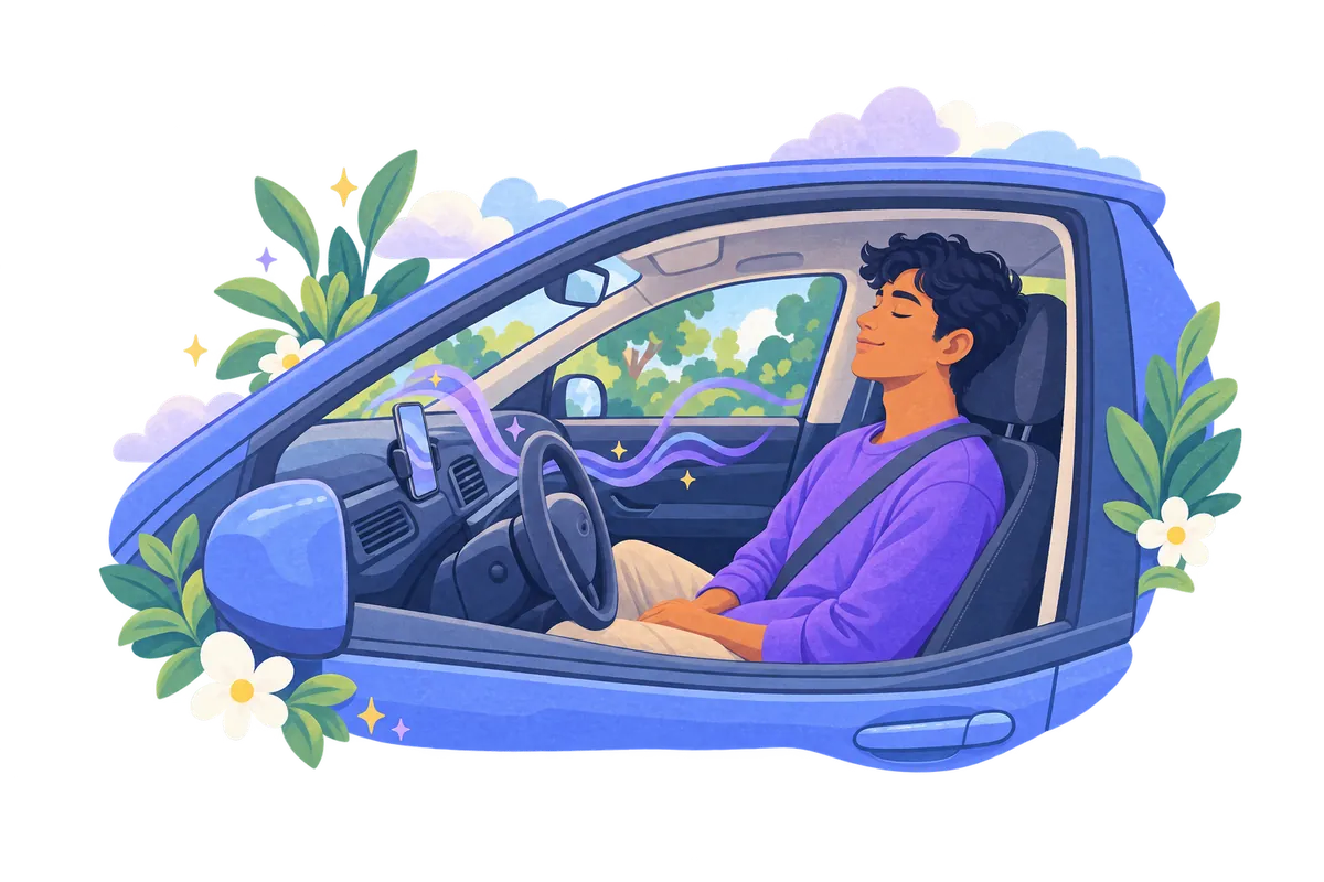 A man sitting in his parked car with his eyes closed, taking a calm breath before he starts driving.