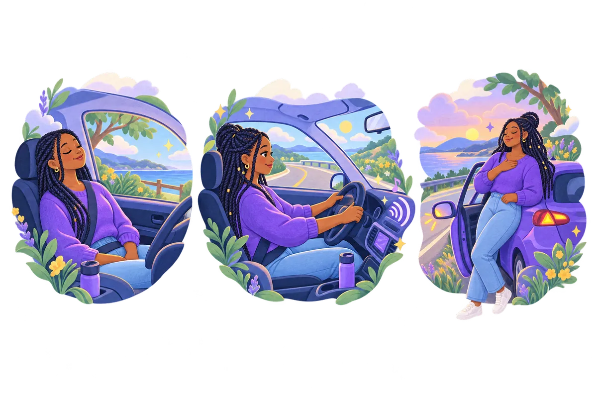 Three moments: calming down in the parked car before driving, driving with calm audio, and pulling over to ground yourself.
