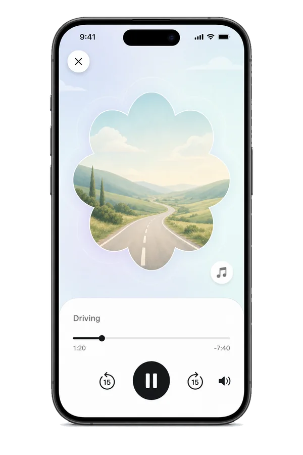 The Driving audio player in the app, with a calm open-road cover, a progress bar and a pause button.