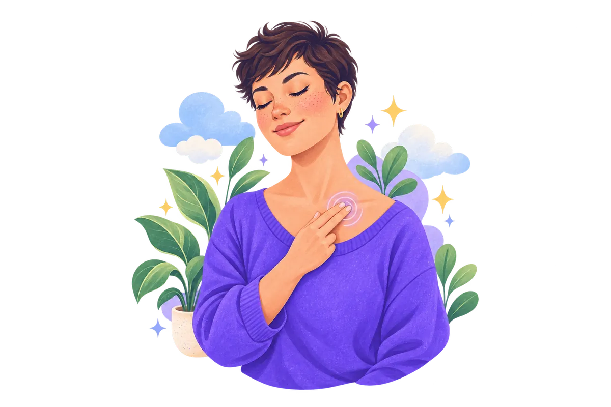 A woman with her eyes closed gently tapping on her collarbone during an EFT tapping session.