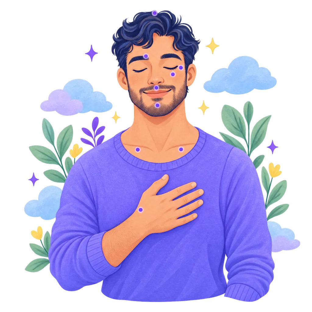 Common EFT tapping points marked on a calm man: top of the head, eyebrow, side of the eye, under the eye, under the nose, chin, collarbone and the side of the hand.