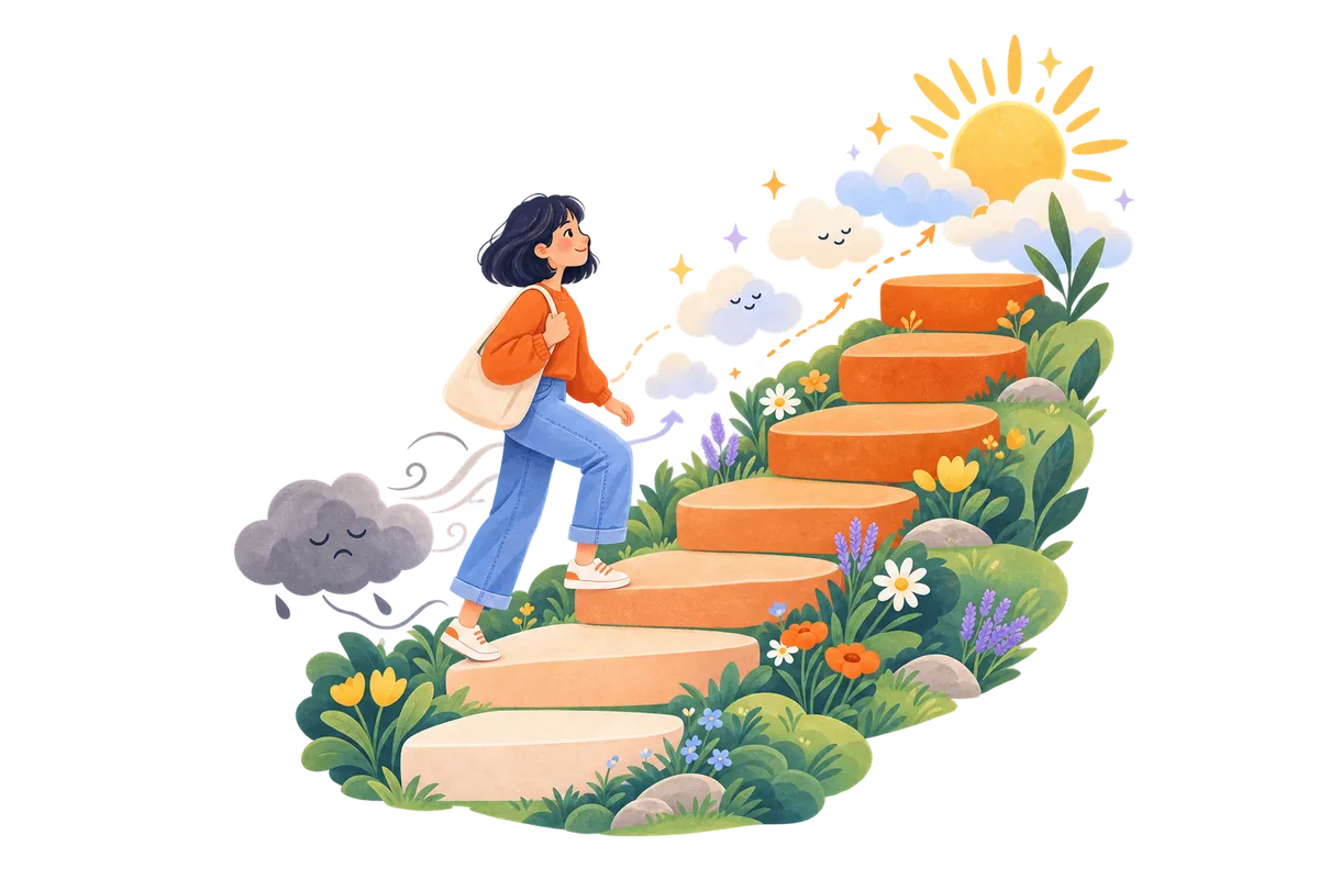 A woman climbing a gentle staircase of stepping stones, leaving a grey cloud behind and heading toward the sun.