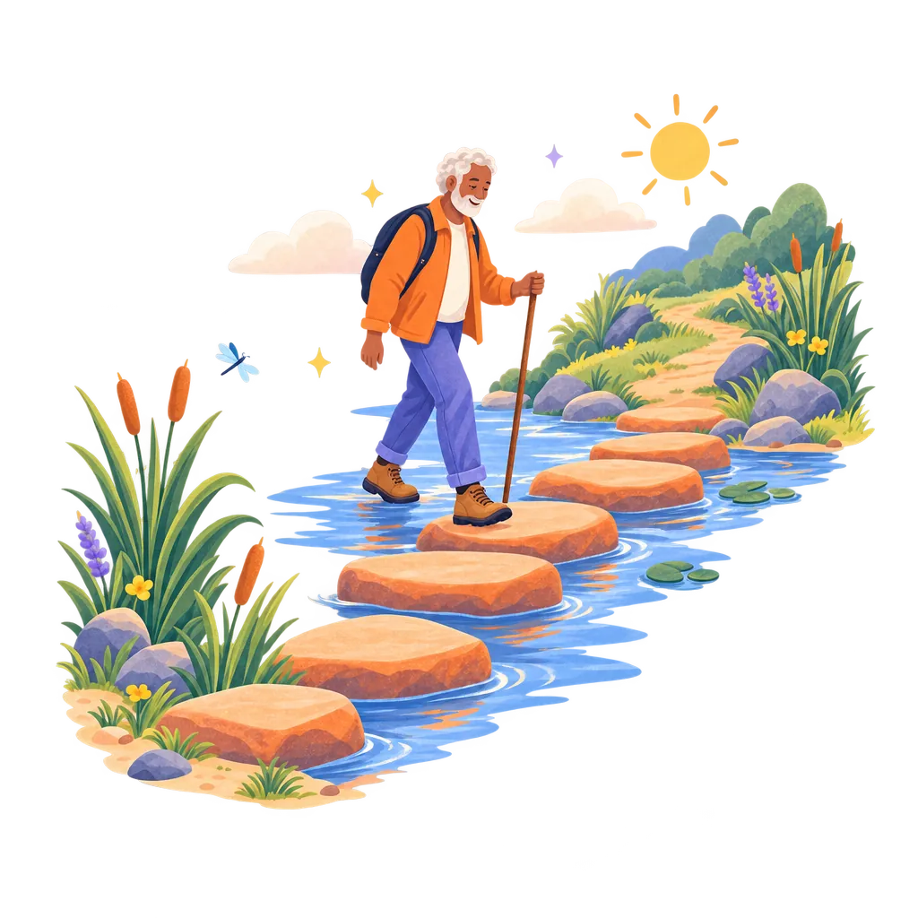 An older man crossing a river one stepping stone at a time, toward a sunny path.