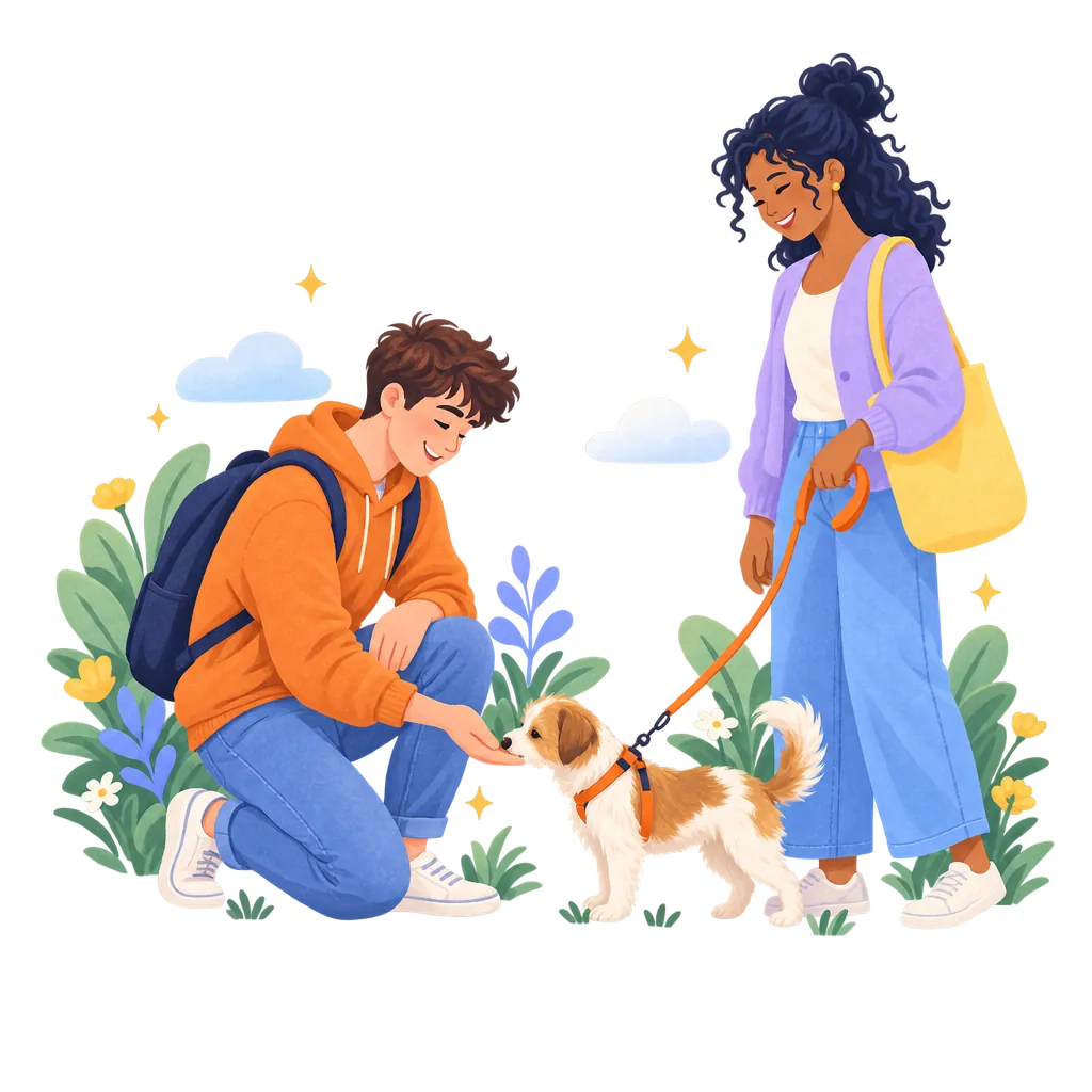 A young man kneeling to calmly greet a small friendly dog on a leash, a fear he has gradually faced.
