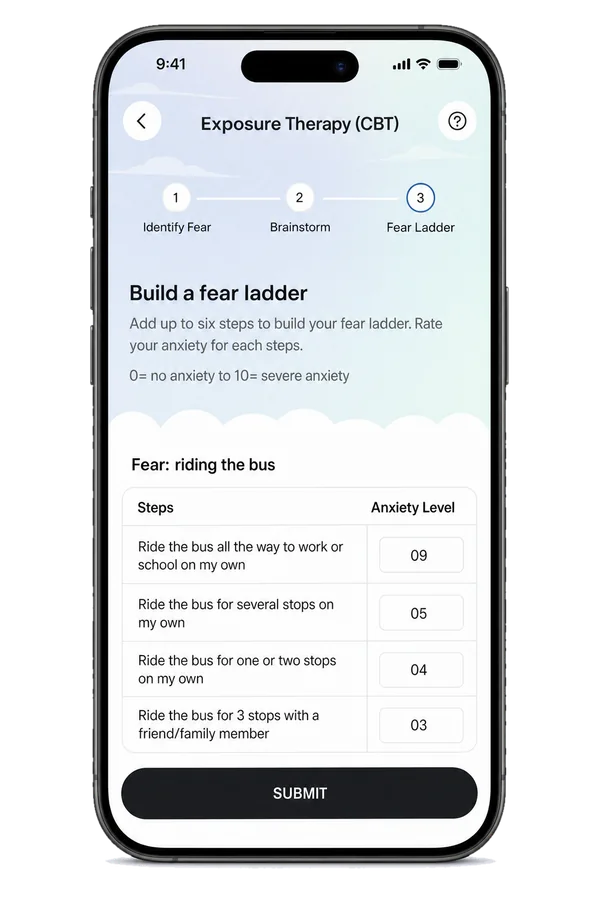 Build a fear ladder, stage 3 of Identify Fear, Brainstorm, Fear Ladder: steps for riding the bus, each with an anxiety level from 03 to 09, on a scale where 0 is no anxiety and 10 is severe anxiety.