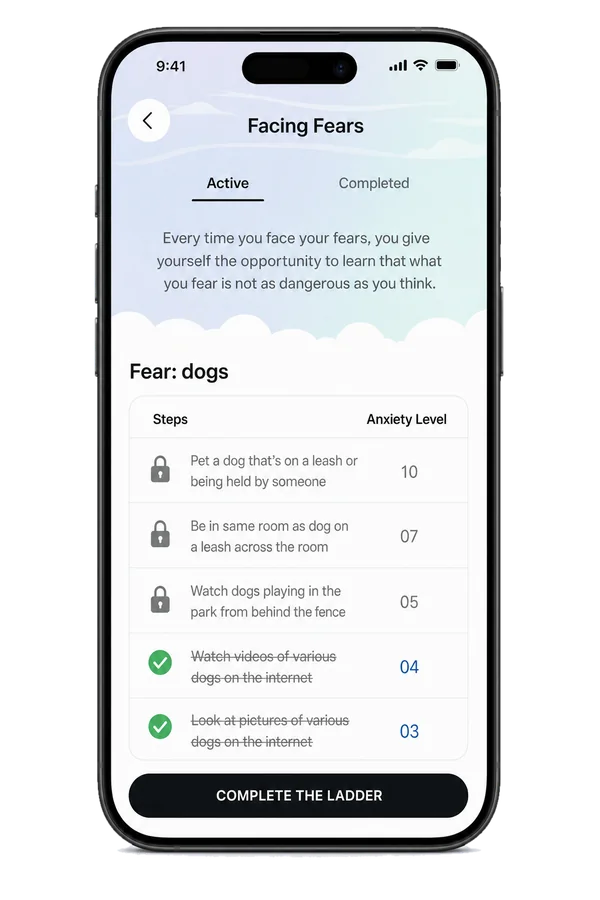 Facing Fears, Active tab: a ladder for dogs where the two easiest steps are checked and crossed out, the harder steps are locked, and a COMPLETE THE LADDER button.