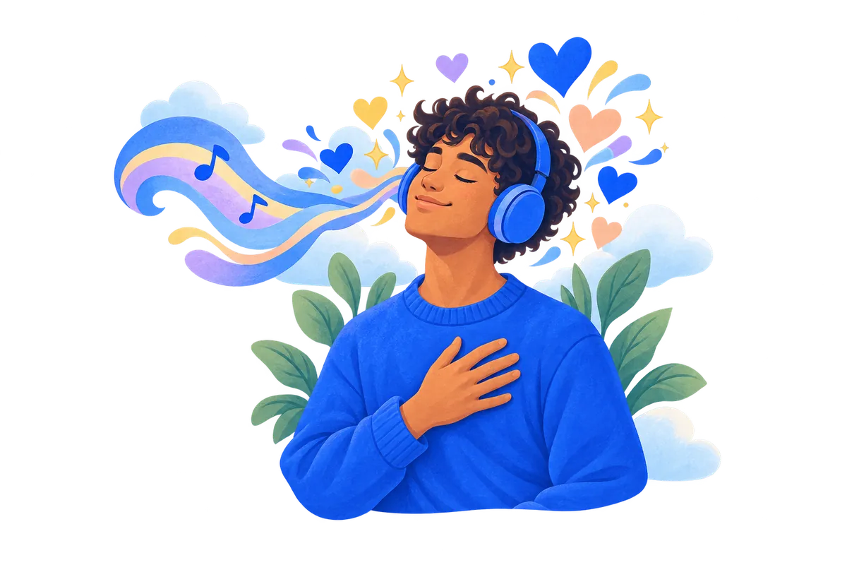 A man with headphones listening to calming spoken affirmations, hand on his heart.