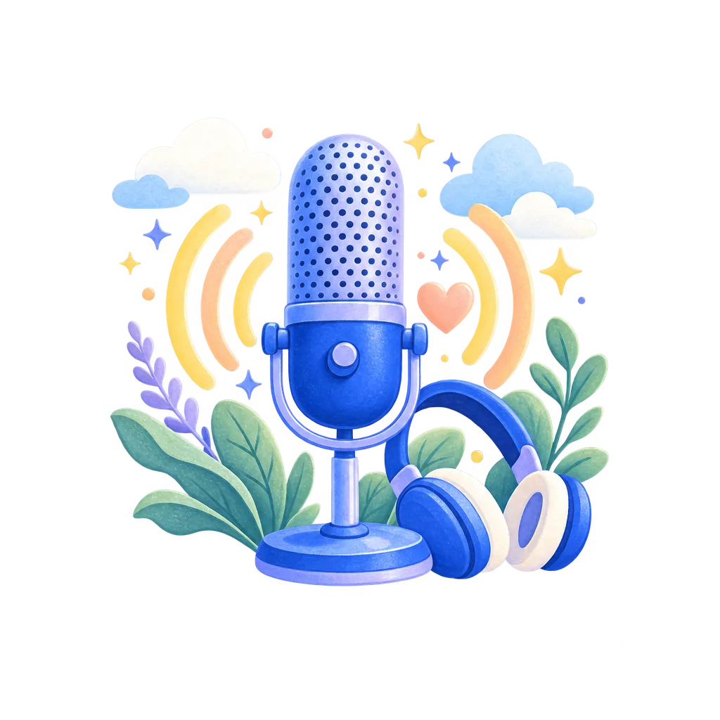 A microphone with warm sound waves, representing affirmations recorded by a human voice.
