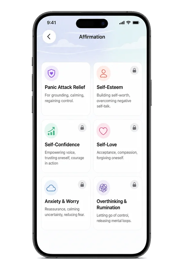 Six affirmation categories: Panic Attack Relief (free), Self-Esteem, Self-Confidence, Self-Love, Anxiety & Worry, Overthinking & Rumination.