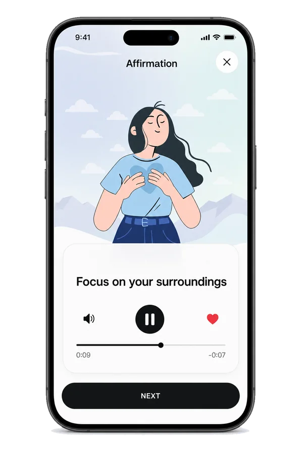 An affirmation playing in a calm voice, saved as a favourite with the heart button.