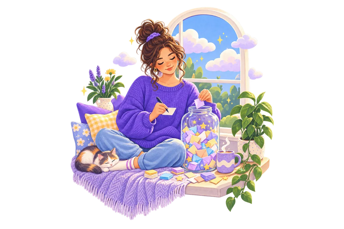 A woman on a cosy window seat writing notes of gratitude and dropping them into a glass jar.