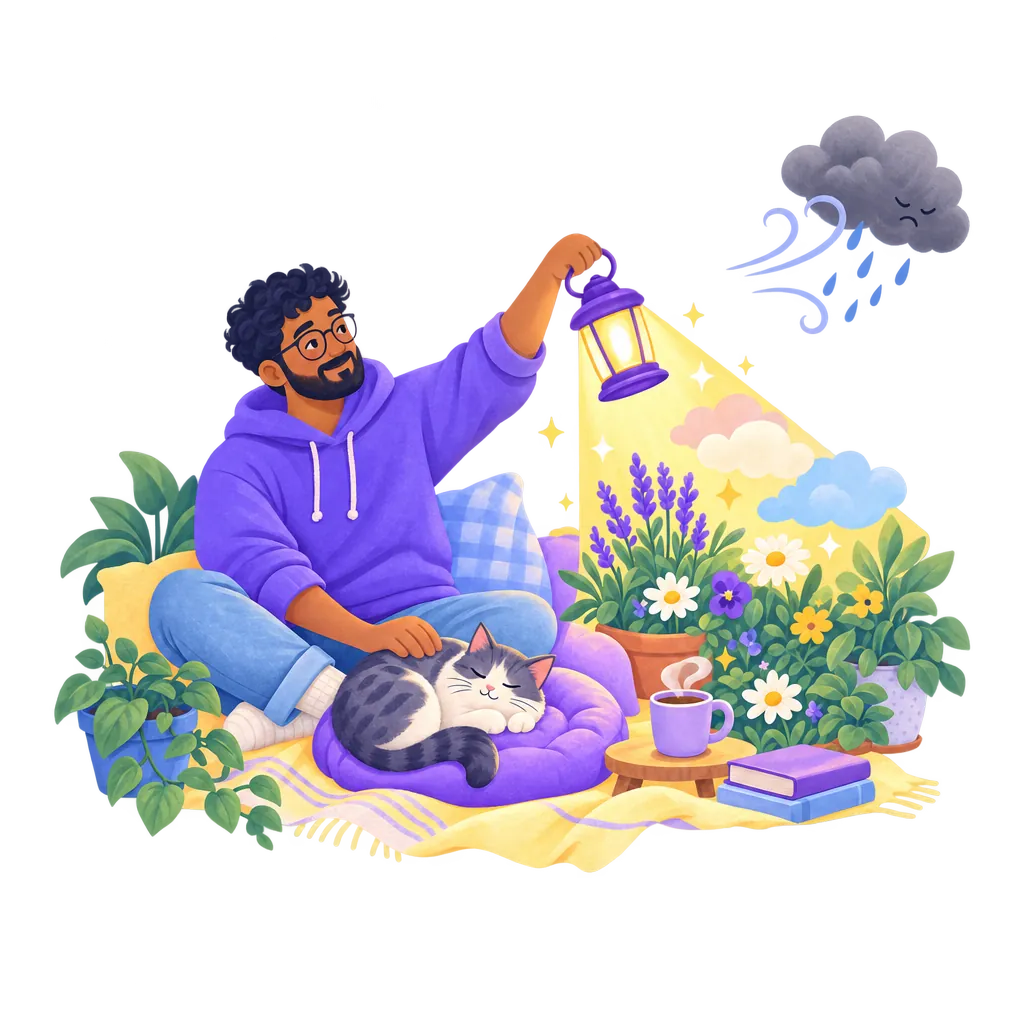 A man turning a lantern away from a storm cloud toward flowers, a warm drink and his cat: the good things in his day.
