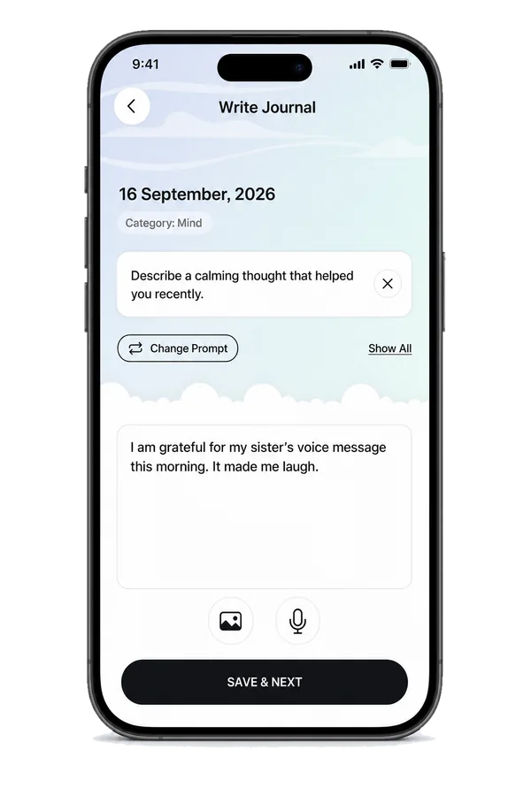 Writing a gratitude entry from a prompt: “I am grateful for my sister's voice message this morning”, with buttons to add a photo or a voice note and SAVE & NEXT.
