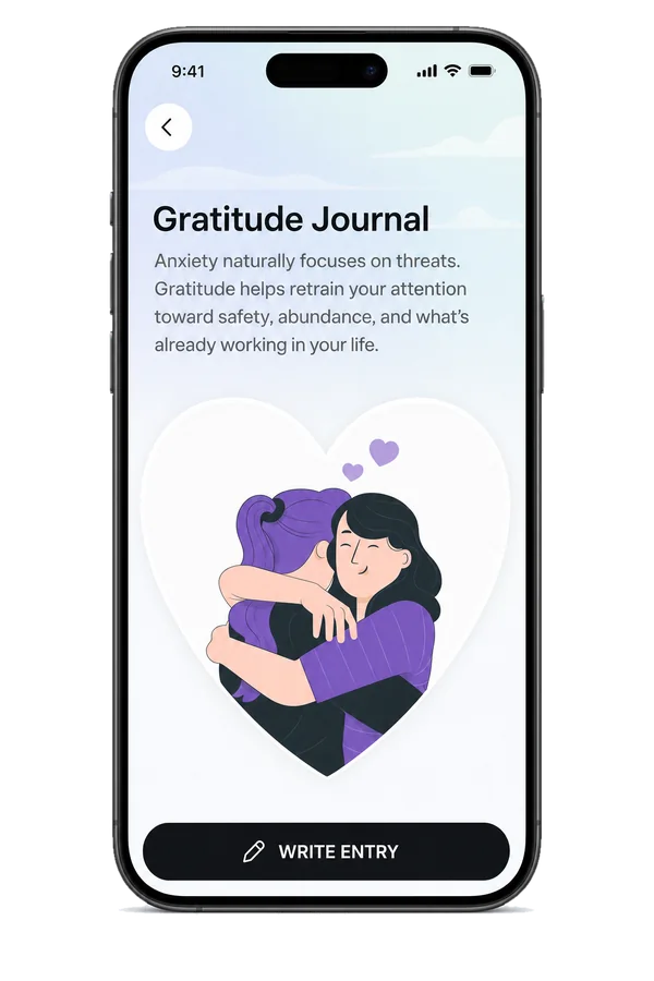 Gratitude Journal screen: Anxiety naturally focuses on threats. Gratitude helps retrain your attention toward safety, abundance, and what's already working in your life. With a WRITE ENTRY button.