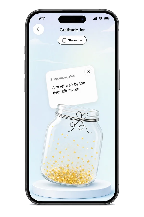 The Gratitude Jar with a Shake Jar button, showing a random past entry: “A quiet walk by the river after work.”