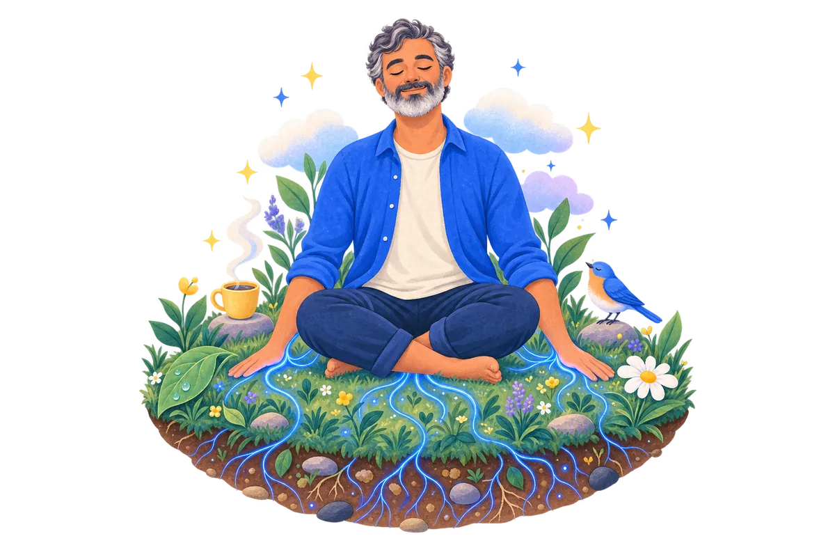 A man sitting on the grass with hands on the ground, feeling grounded and present.