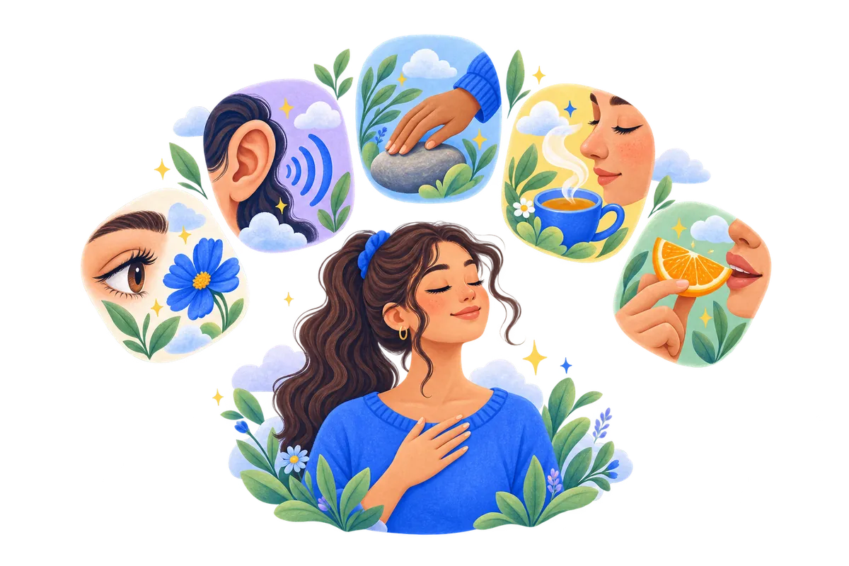 Five senses shown as small cards: seeing, hearing, touching, smelling and tasting, around a calm woman.