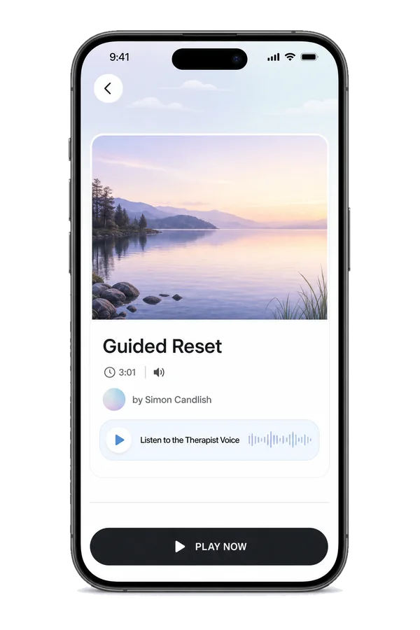 Guided Reset by Simon Candlish, with a Listen to the Therapist Voice sample and a Play Now button.