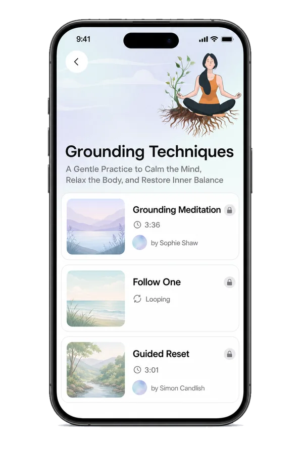 Grounding Techniques list: Grounding Meditation by Sophie Shaw, Follow One, and Guided Reset by Simon Candlish.