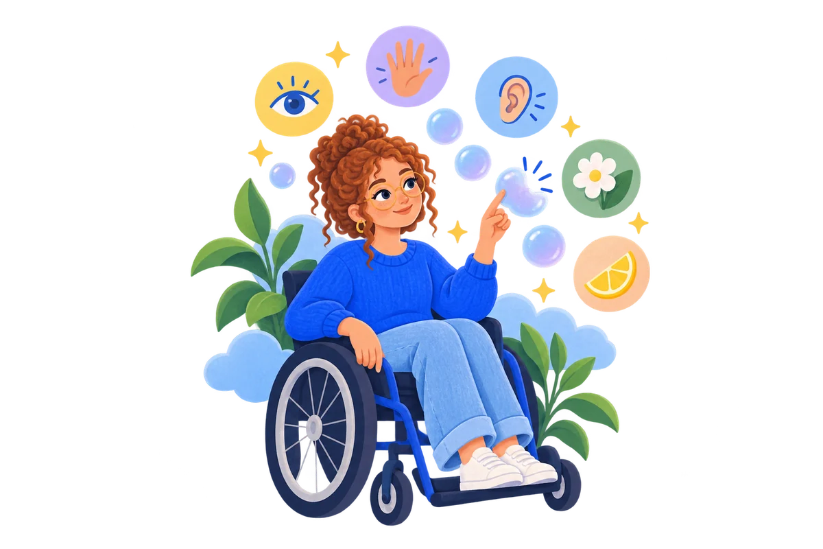 Young woman in a wheelchair gently popping floating bubbles, with small symbols of the five senses around her