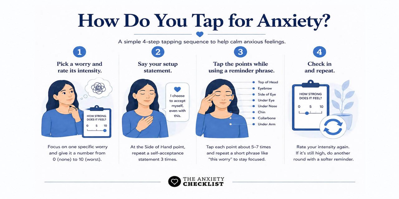 Four steps for tapping on anxiety: rate the worry, say a setup statement at the Side of Hand point, tap the points with a reminder phrase, check in and repeat
