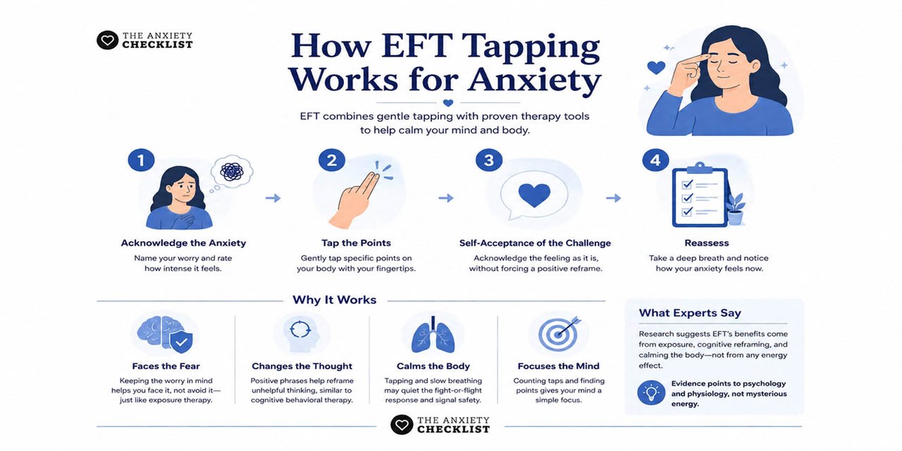 Four steps showing how EFT tapping works for anxiety: acknowledge the anxiety, tap the points, self-acceptance of the challenge, reassess